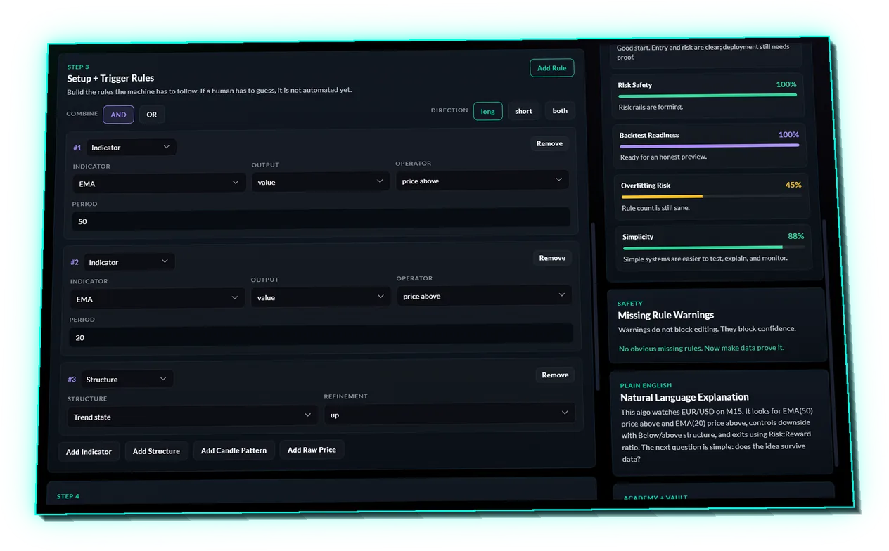 Algo Builder — Setup and Trigger Rules with AND/OR logic and quality scoring