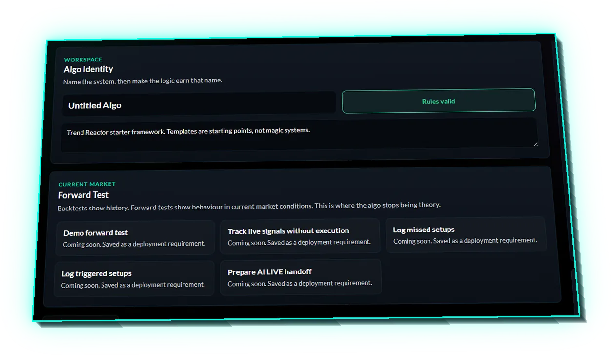 Algo Builder — Forward Test: demo forward test, track live signals, prepare AI LIVE handoff