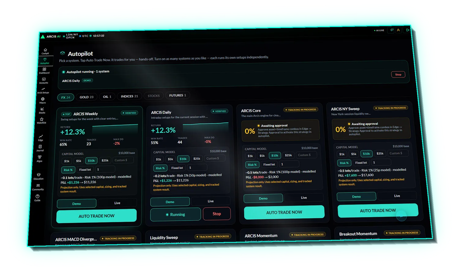 Arcis AutoPilot — pick a system, set your risk, auto-trade