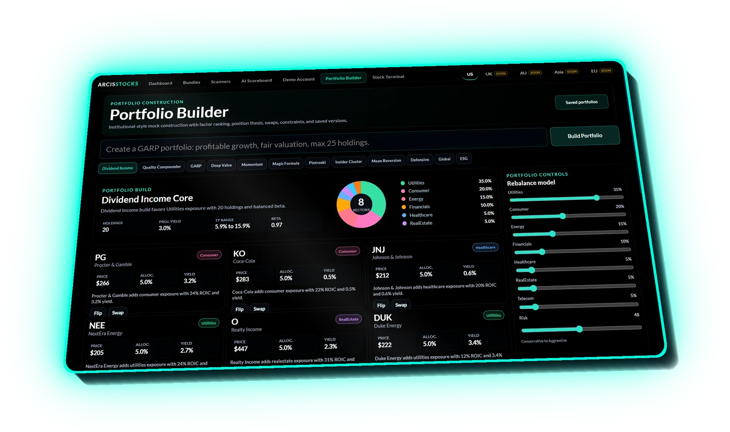Arcis Stocks Portfolio Builder — factor ranking, sector allocation and rebalance controls